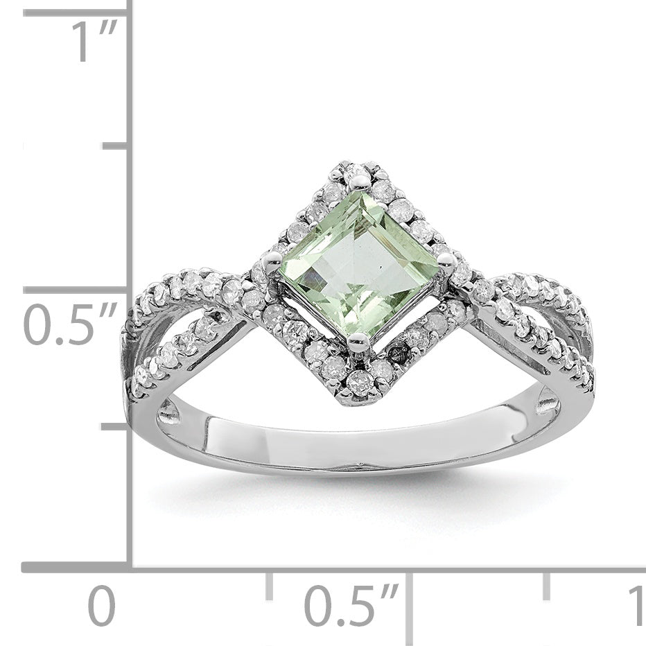 Sterling Silver Rhodium Green Quartz & Diamond Ring