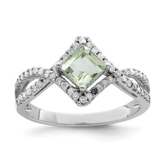 Sterling Silver Rhodium Green Quartz & Diamond Ring