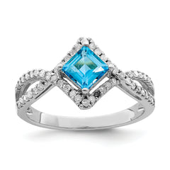 Sterling Silver Rhodium Blue Topaz & Diamond Ring