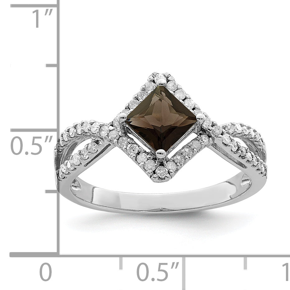 Sterling Silver Rhodium Smoky Quartz & Diamond Ring