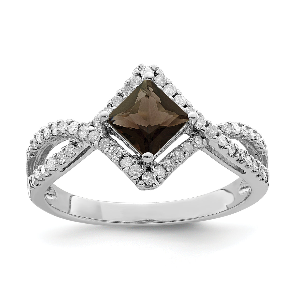 Sterling Silver Rhodium Smoky Quartz & Diamond Ring