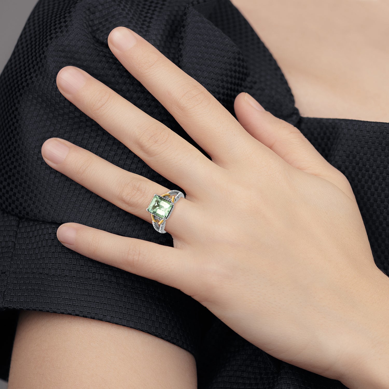 Sterling Silver Rhodium With Flash Gold-plate Green Quartz Ring