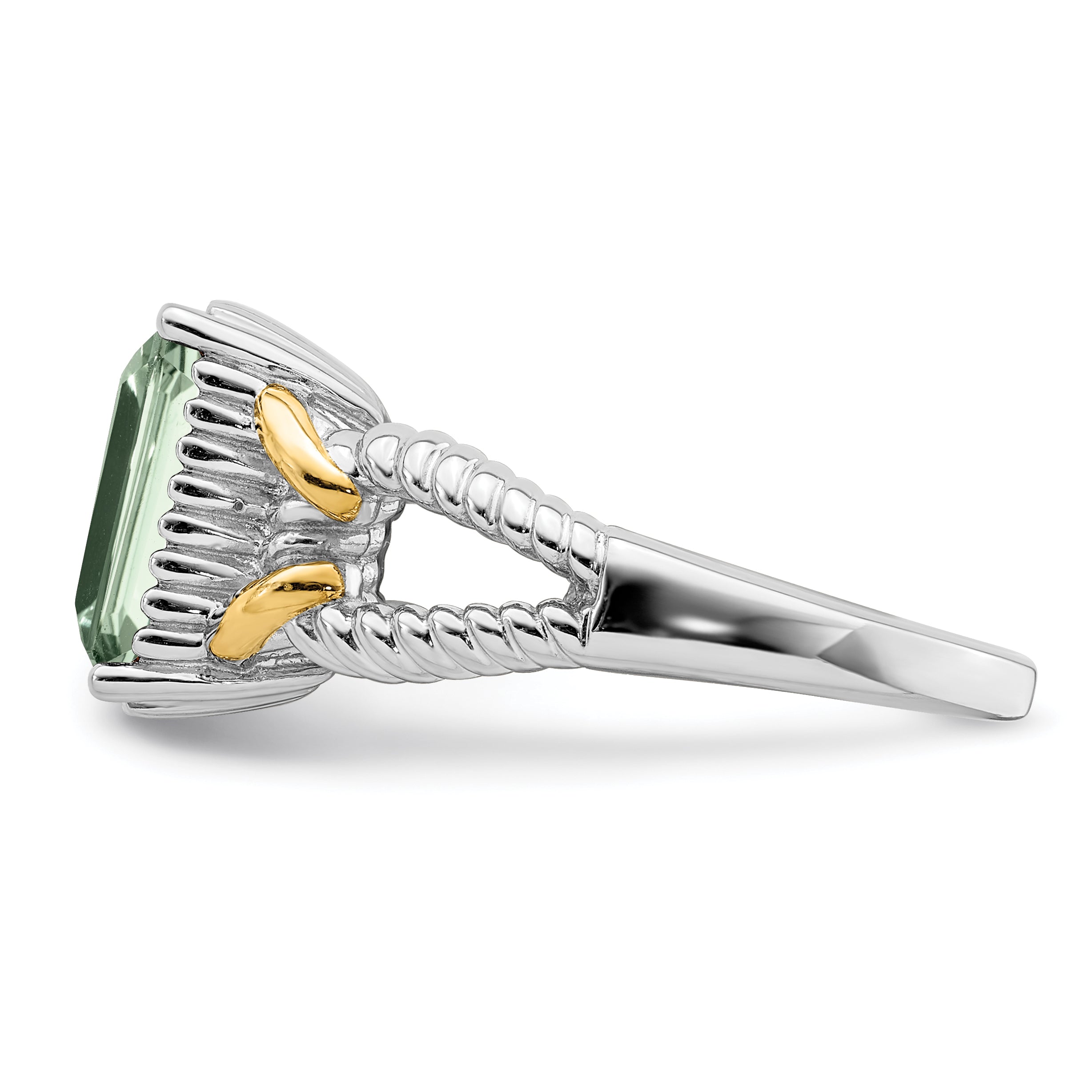 Sterling Silver Rhodium With Flash Gold-plate Green Quartz Ring