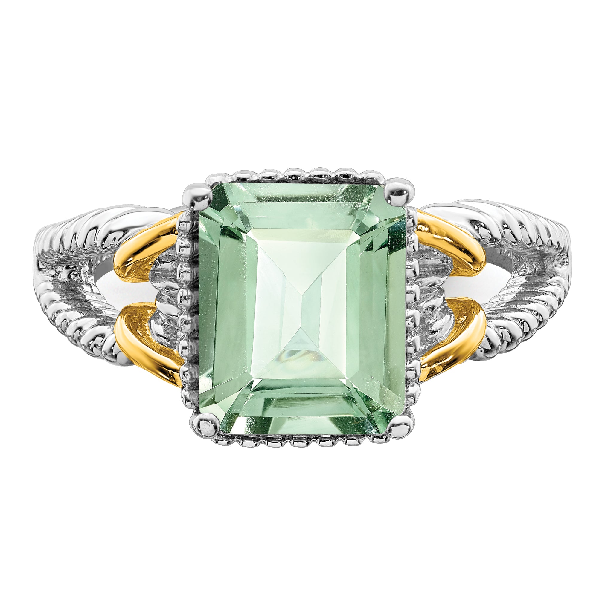 Sterling Silver Rhodium With Flash Gold-plate Green Quartz Ring