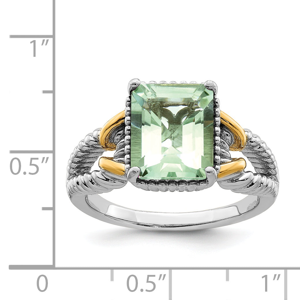 Sterling Silver Rhodium With Flash Gold-plate Green Quartz Ring