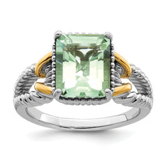 Sterling Silver Rhodium With Flash Gold-plate Green Quartz Ring