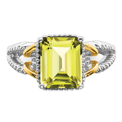 Sterling Silver Rhodium With Flash Gold-plate Lemon Quartz Octagonal Ring