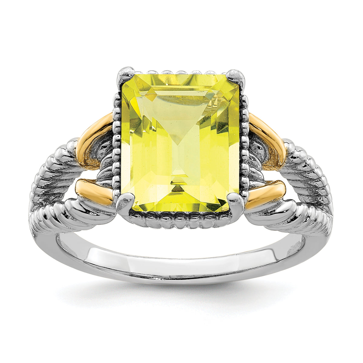 Sterling Silver Rhodium With Flash Gold-plate Lemon Quartz Octagonal Ring