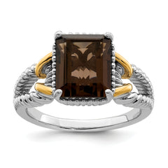 Sterling Silver Rhodium With Flash Gold-plate Smoky Quartz Ring