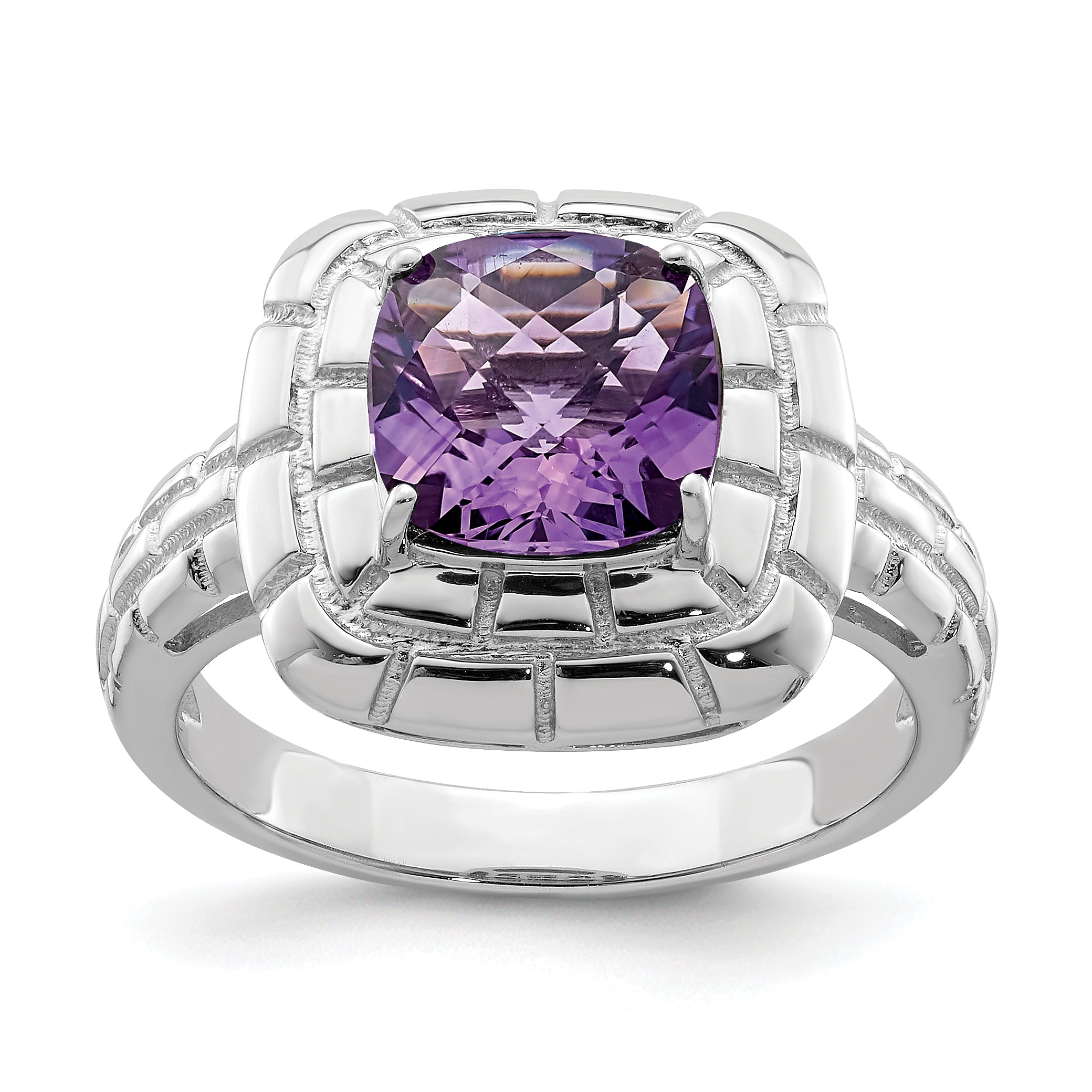 Sterling Silver Rhodium-plated Checker-Cut Amethyst Ring