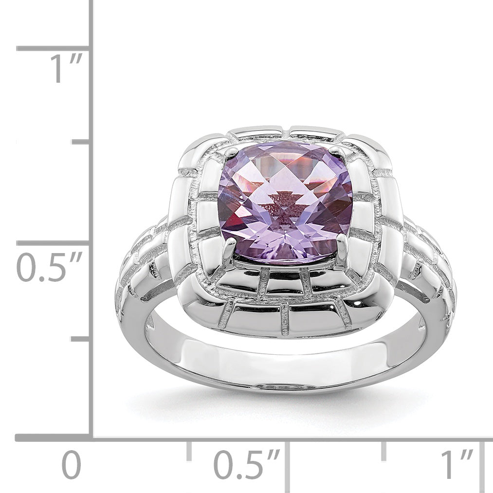 Sterling Silver Rhodium Checker-Cut Pink Quartz Ring