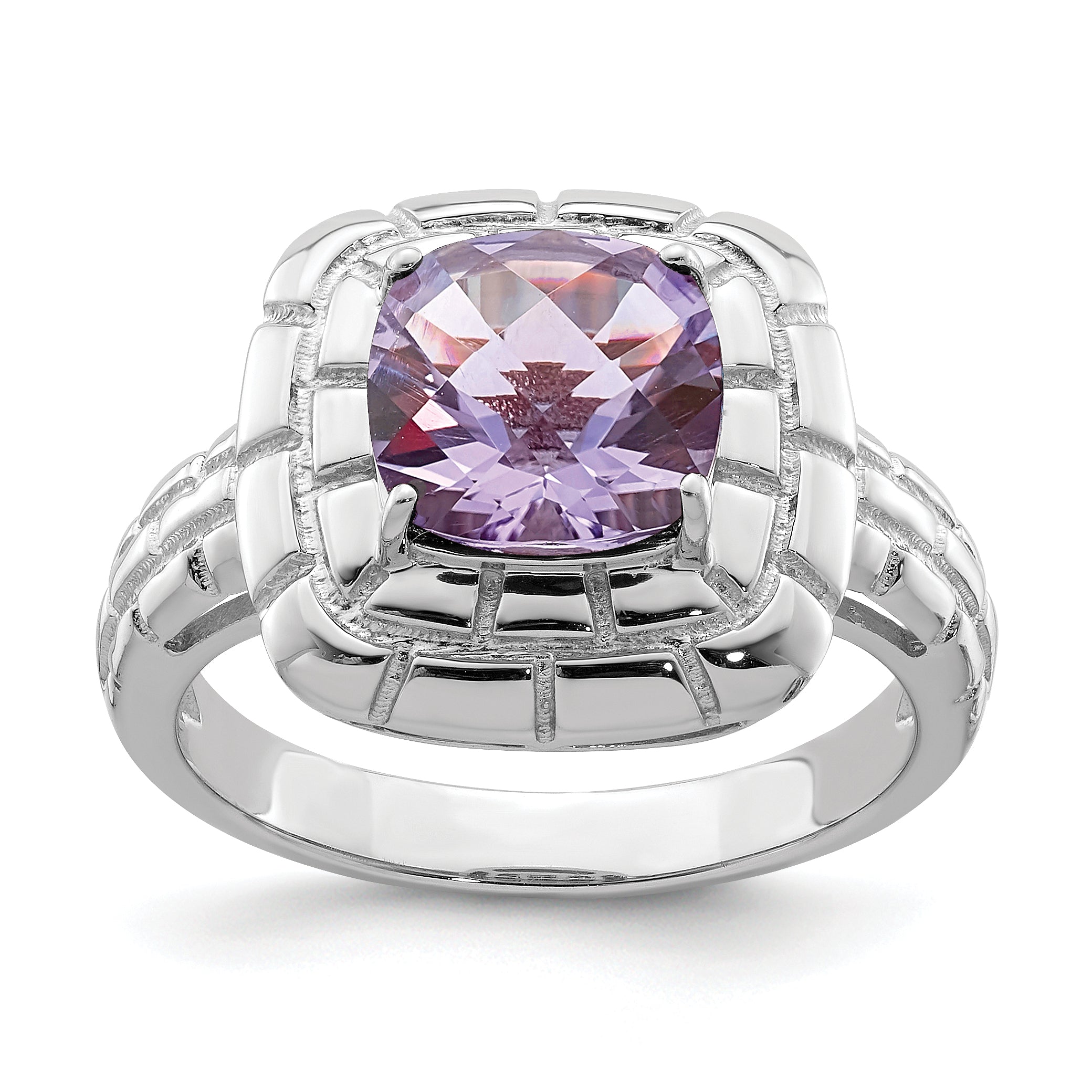 Sterling Silver Rhodium Checker-Cut Pink Quartz Ring