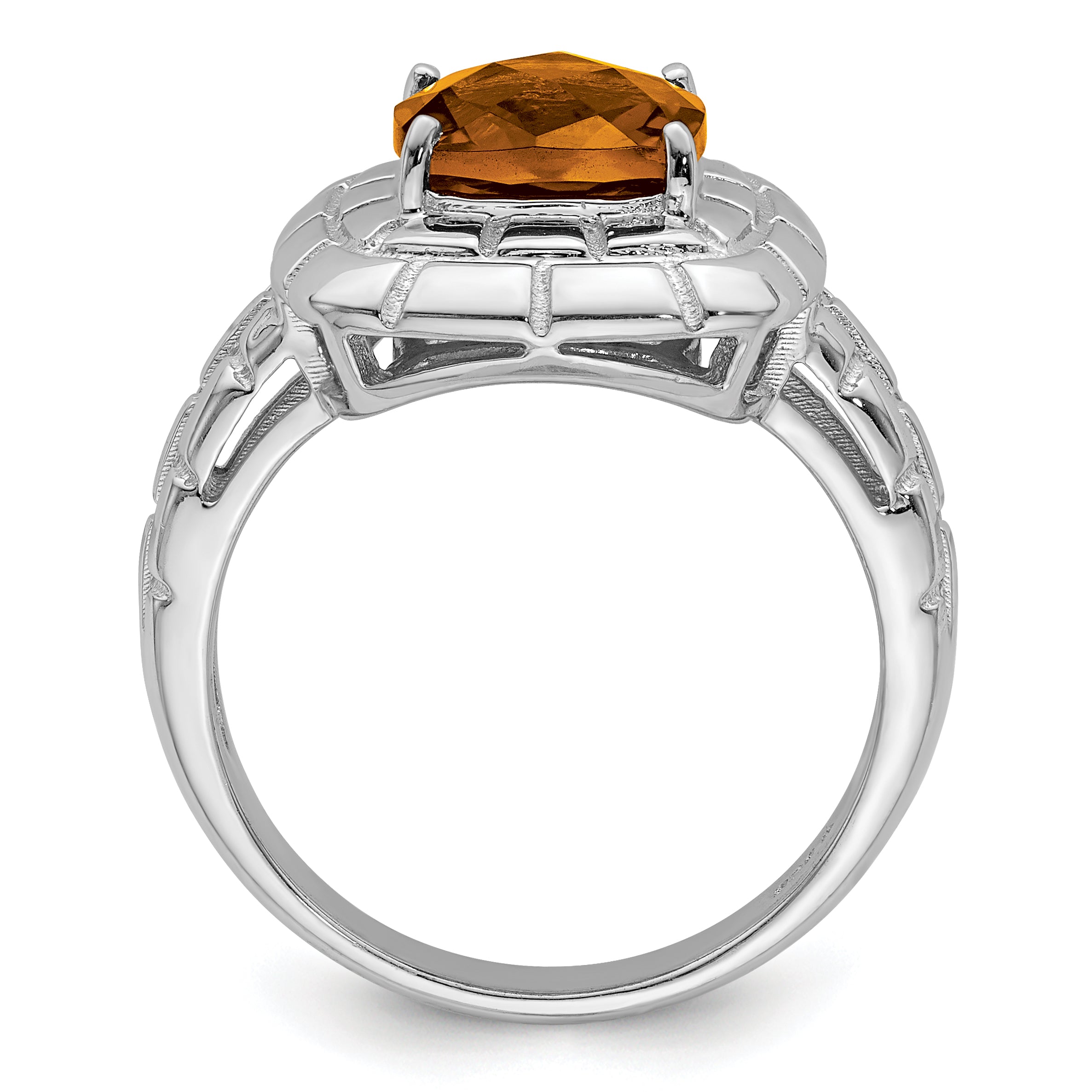 Sterling Silver Rhodium Checker-Cut Whiskey Quartz Ring