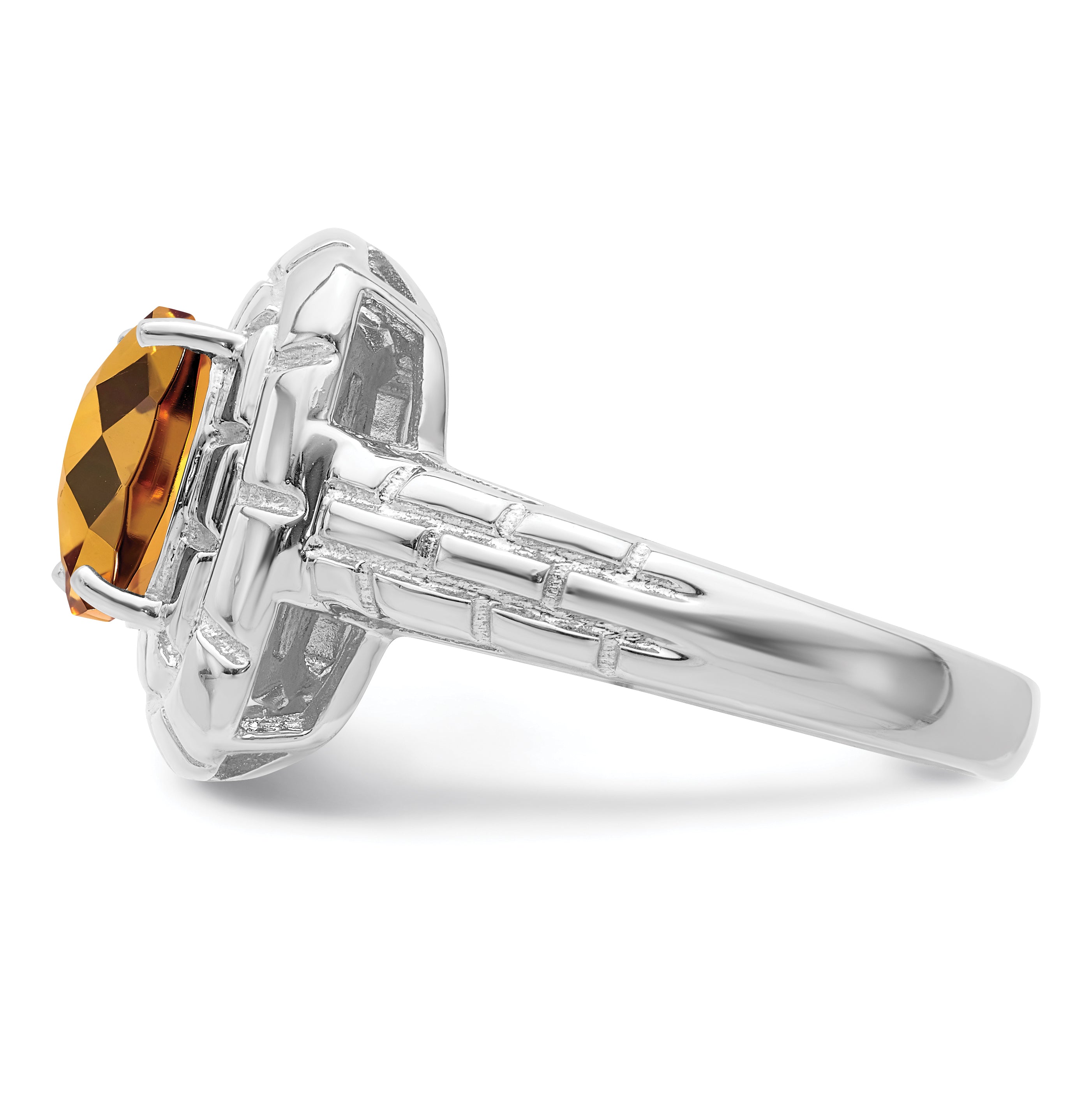 Sterling Silver Rhodium Checker-Cut Whiskey Quartz Ring