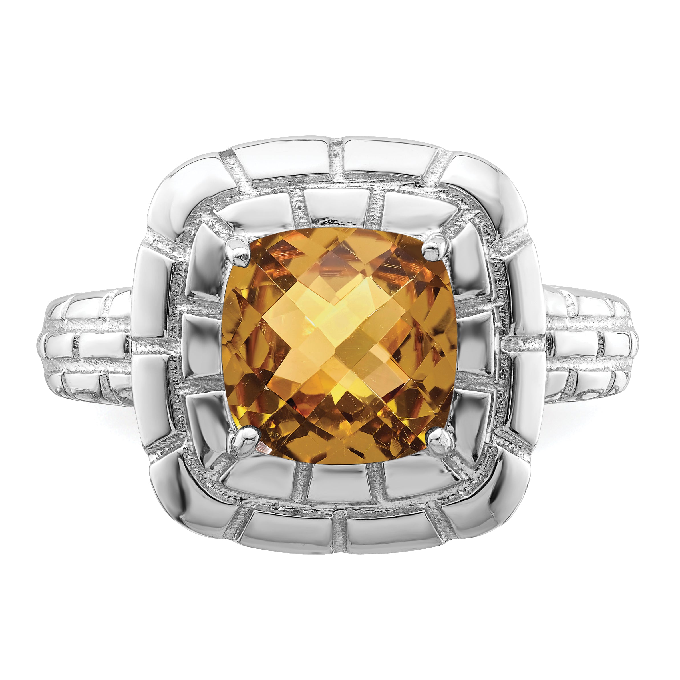 Sterling Silver Rhodium Checker-Cut Whiskey Quartz Ring