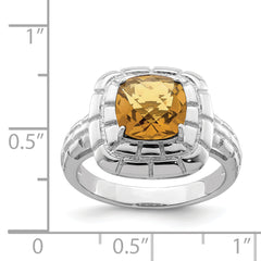 Sterling Silver Rhodium Checker-Cut Whiskey Quartz Ring