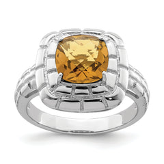 Sterling Silver Rhodium Checker-Cut Whiskey Quartz Ring