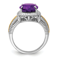 Sterling Silver Rhodium-plated With Flash Gold-plate Oval Amethyst Ring