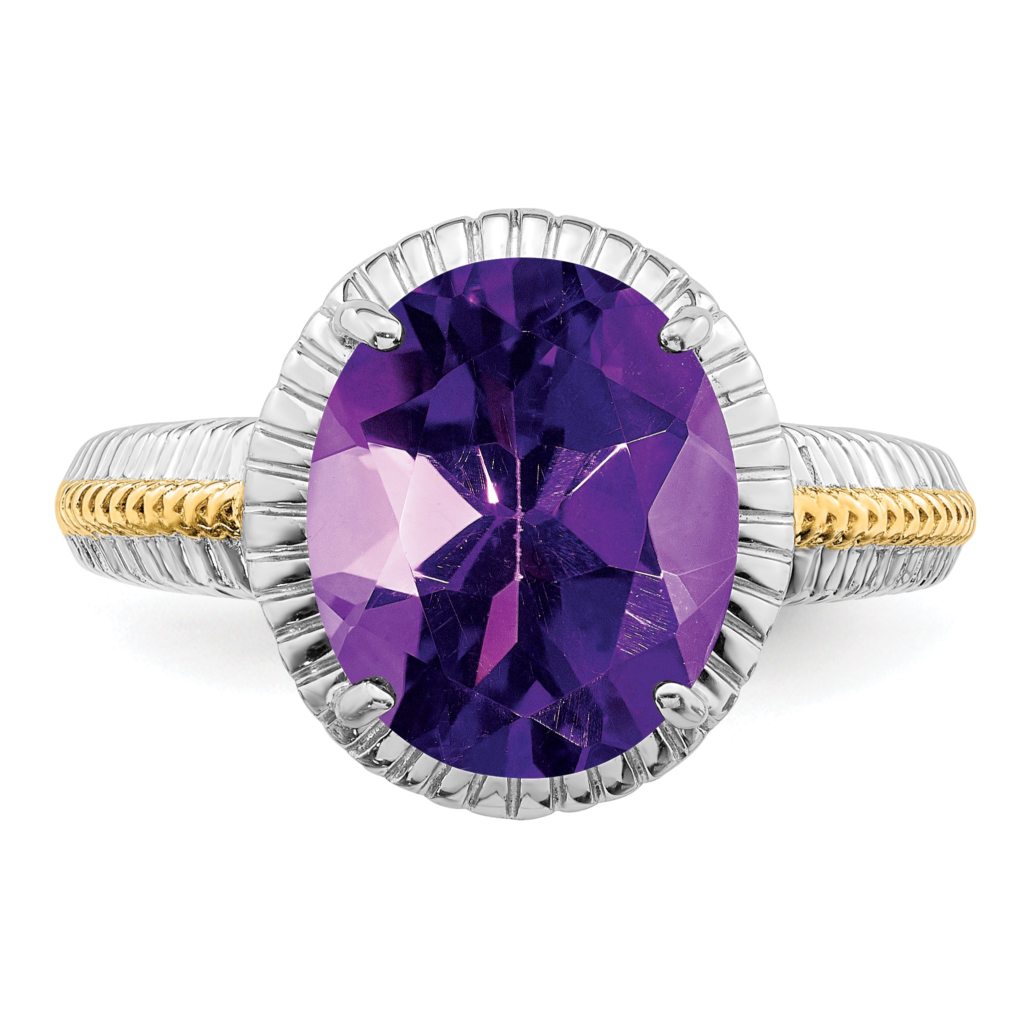 Sterling Silver Rhodium-plated With Flash Gold-plate Oval Amethyst Ring