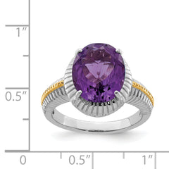 Sterling Silver Rhodium-plated With Flash Gold-plate Oval Amethyst Ring