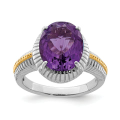 Sterling Silver Rhodium-plated With Flash Gold-plate Oval Amethyst Ring