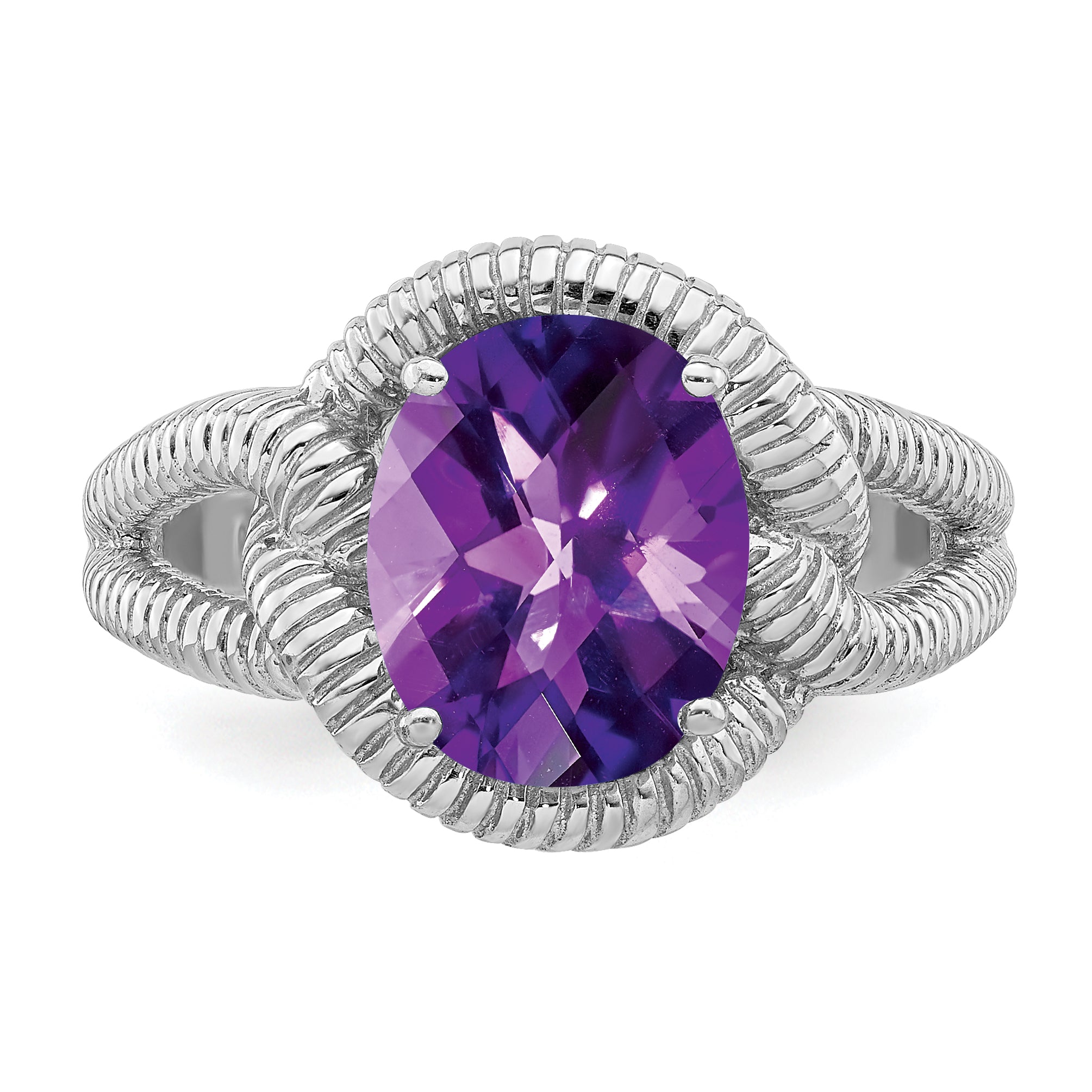 Sterling Silver Rhodium-plated Oval Checker-Cut Amethyst Ring