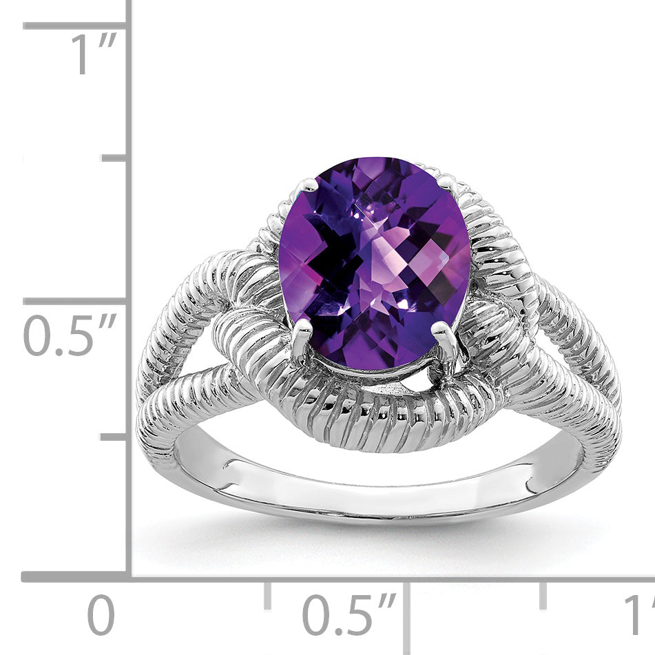 Sterling Silver Rhodium-plated Oval Checker-Cut Amethyst Ring