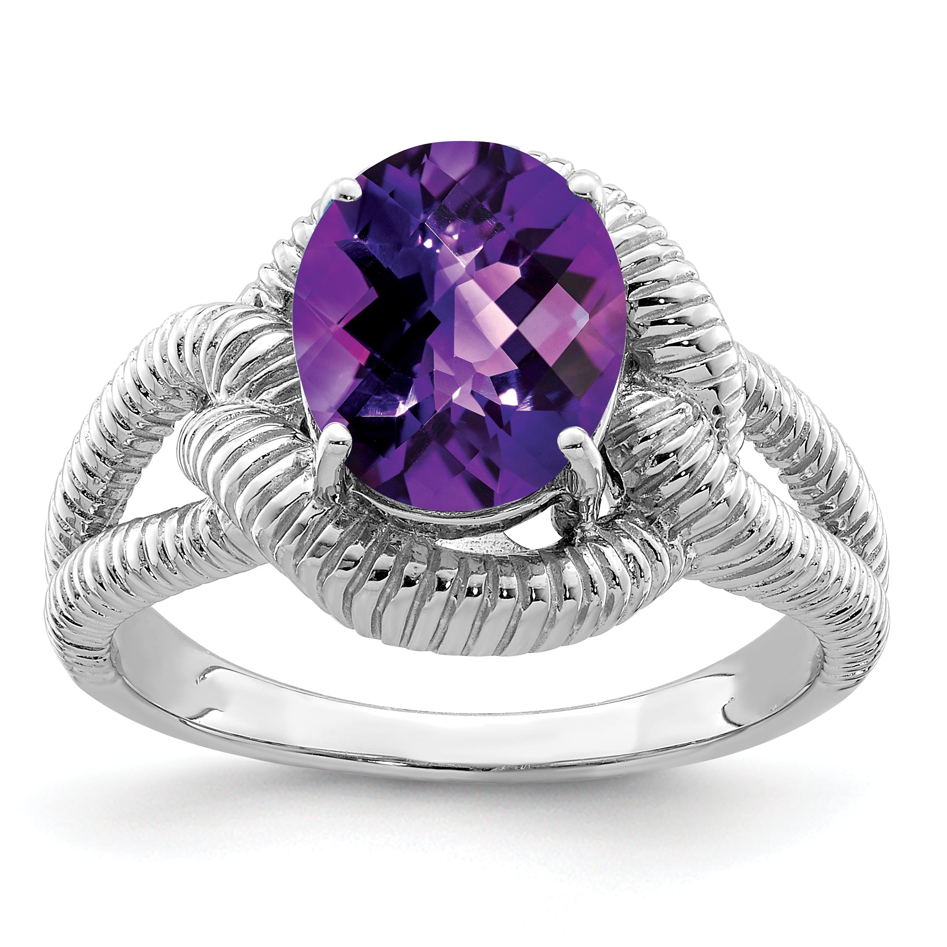 Sterling Silver Rhodium-plated Oval Checker-Cut Amethyst Ring