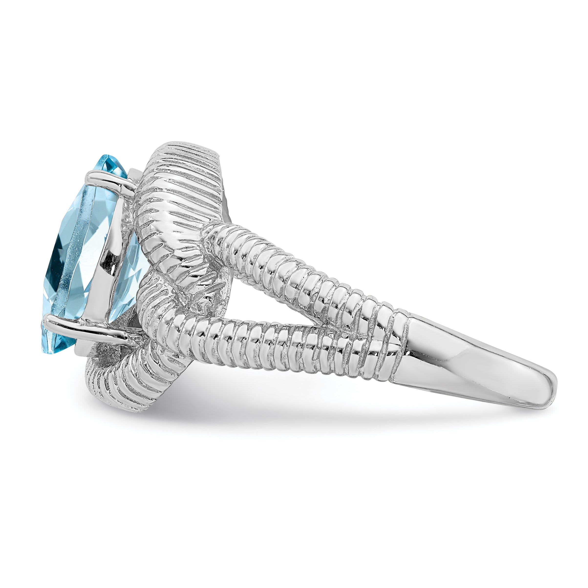 Sterling Silver Rhodium Checker-Cut Sky Blue Topaz Ring