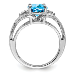 Sterling Silver Rhodium Oval Blue Topaz & Diamond Ring