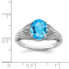 Sterling Silver Rhodium Oval Blue Topaz & Diamond Ring