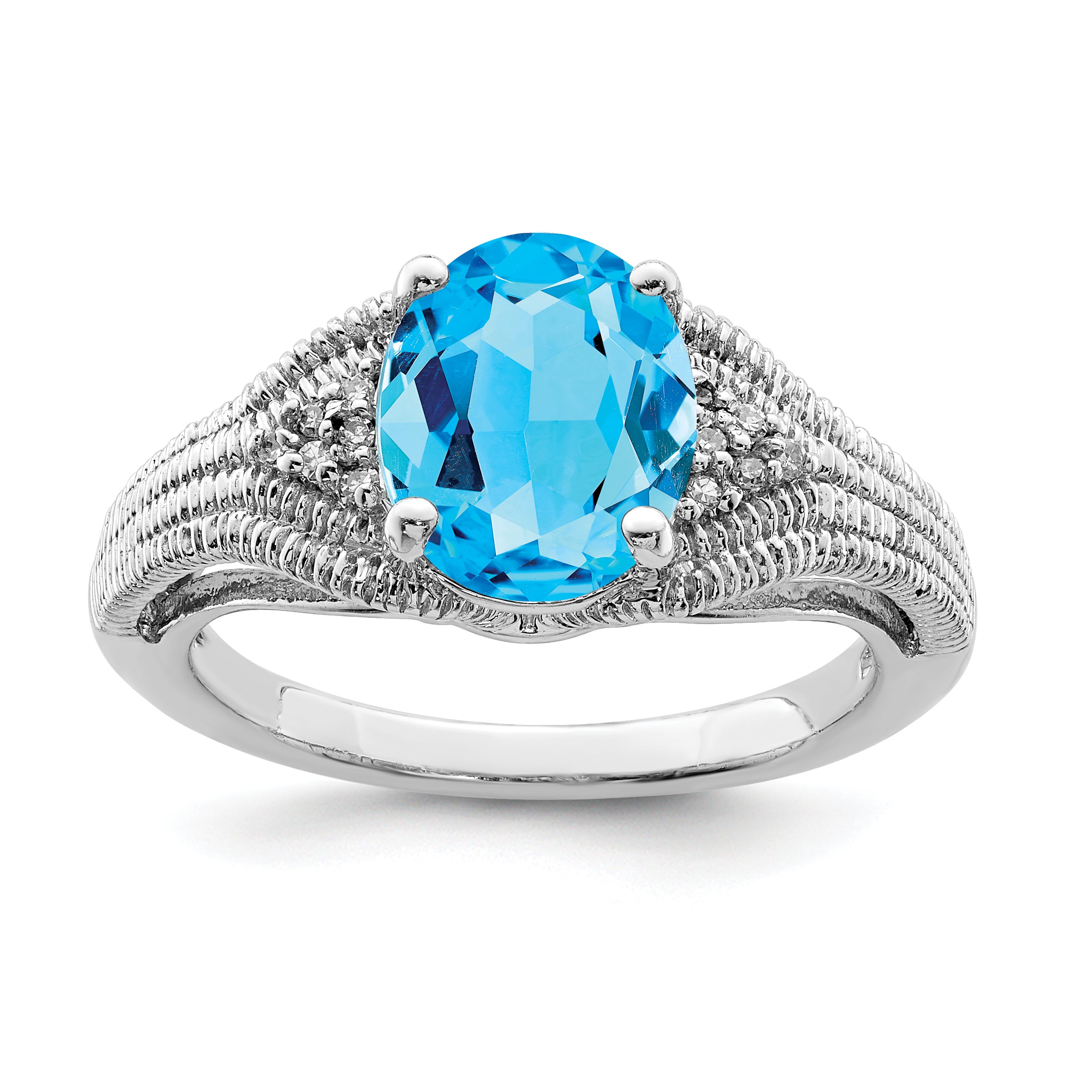 Sterling Silver Rhodium Oval Blue Topaz & Diamond Ring