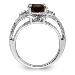 Sterling Silver Rhodium Oval Smoky Quartz & Diamond Ring