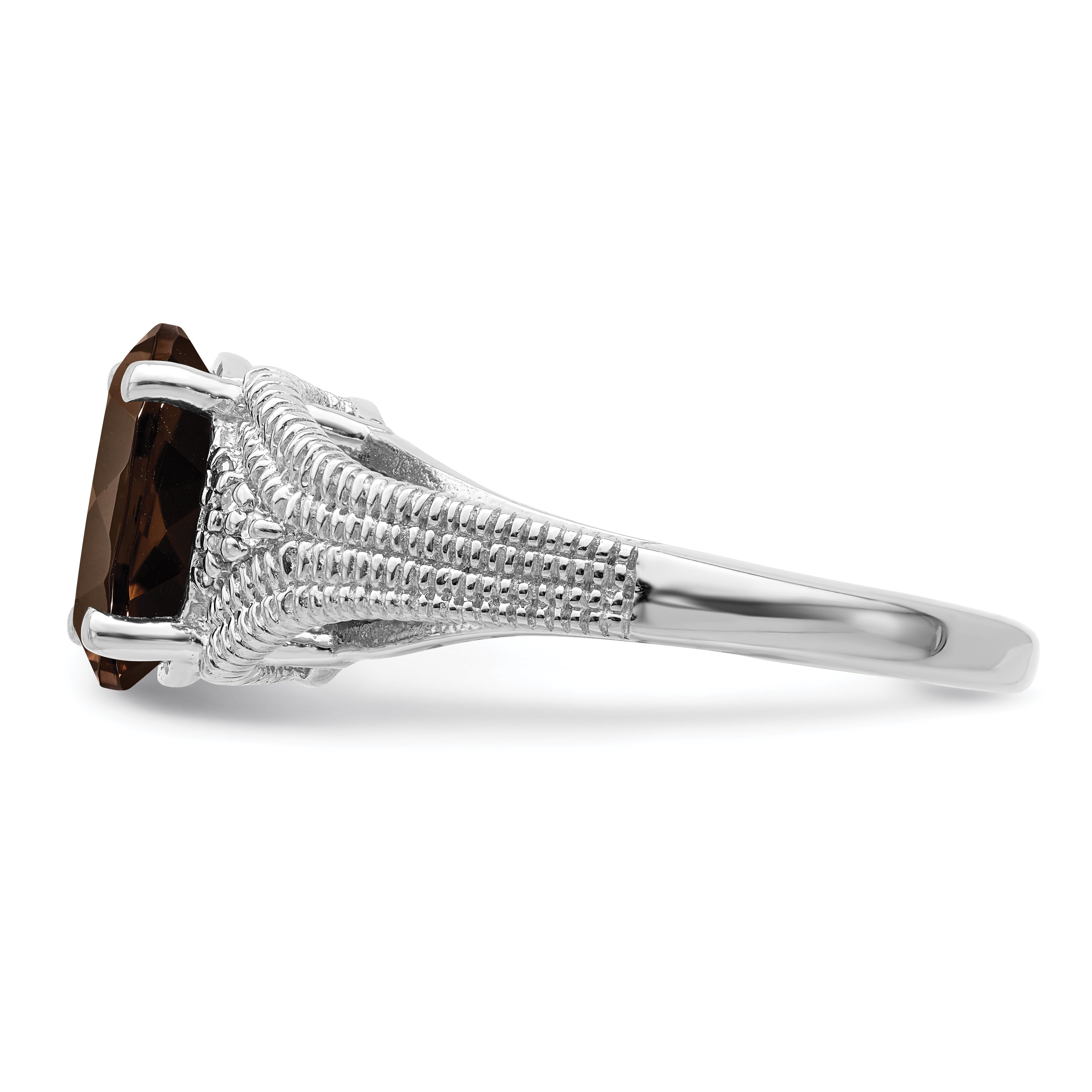 Sterling Silver Rhodium Oval Smoky Quartz & Diamond Ring