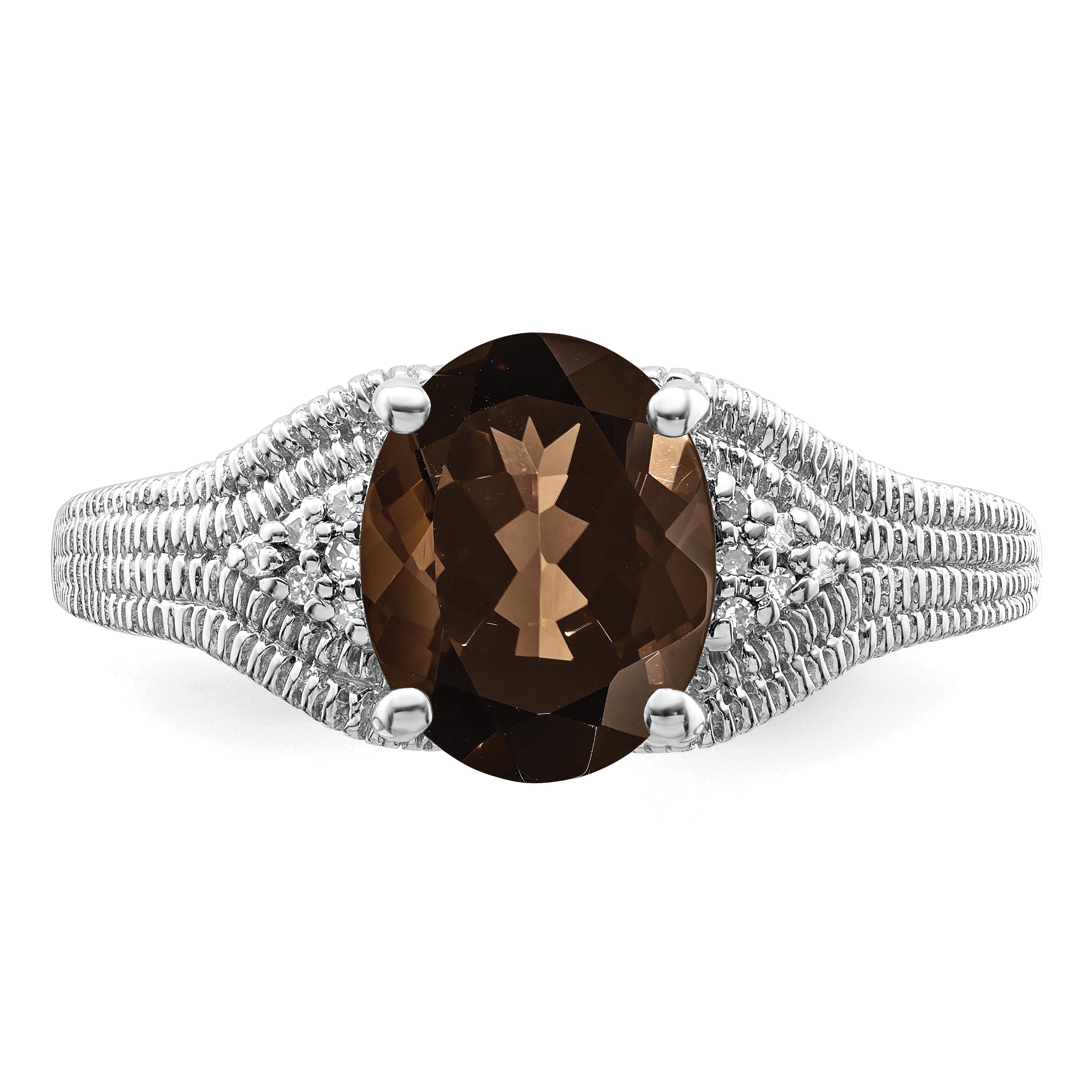 Sterling Silver Rhodium Oval Smoky Quartz & Diamond Ring