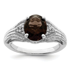 Sterling Silver Rhodium Oval Smoky Quartz & Diamond Ring