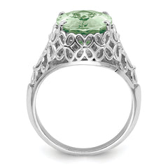 Sterling Silver Rhodium Oval Checker-Cut Green Quartz Ring