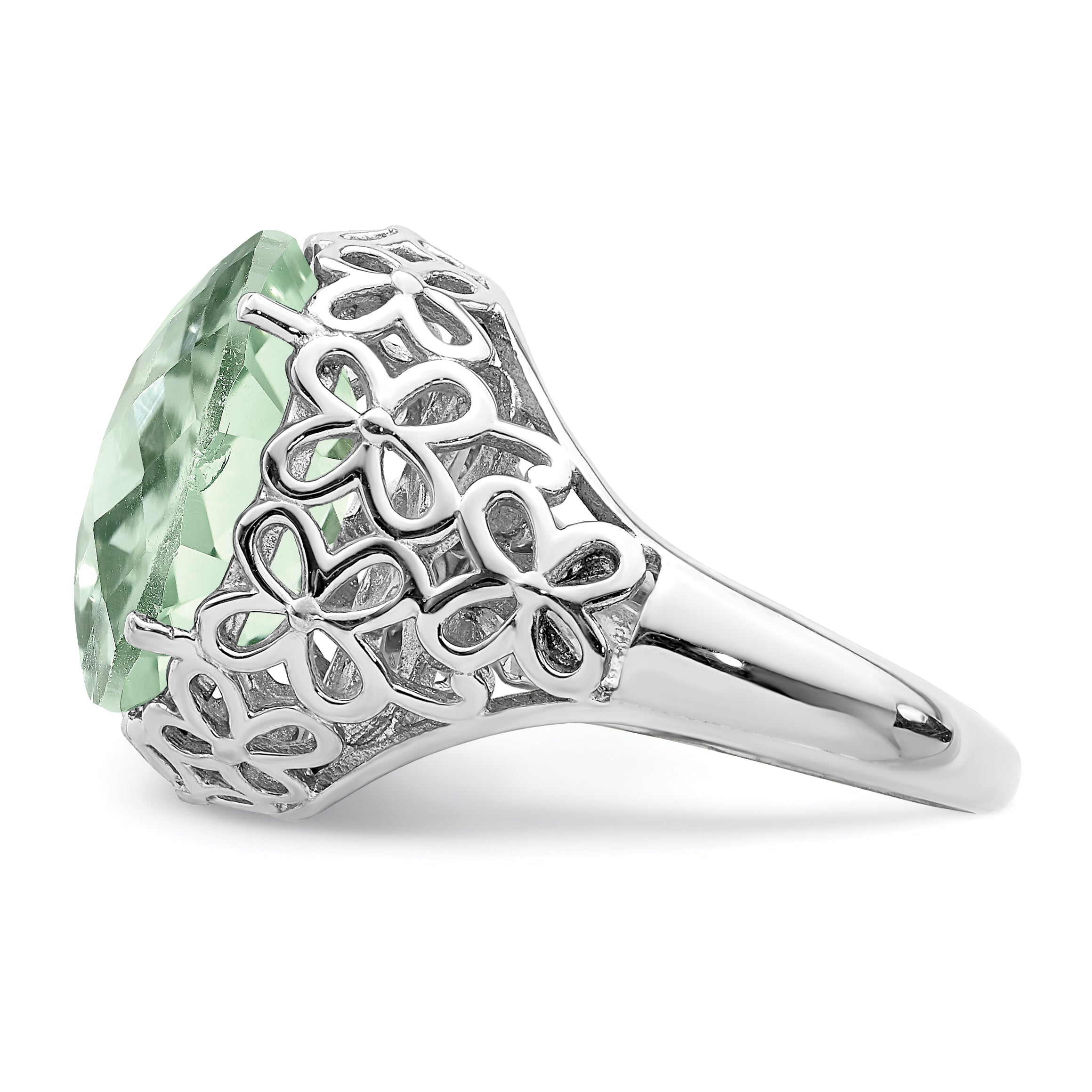 Sterling Silver Rhodium Oval Checker-Cut Green Quartz Ring