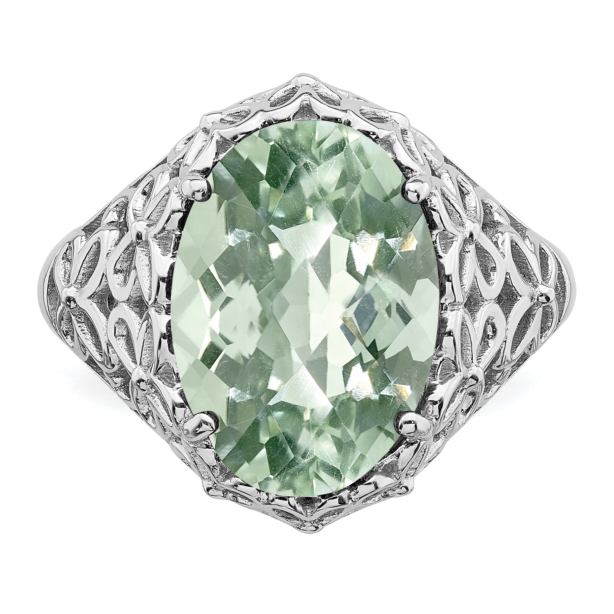 Sterling Silver Rhodium Oval Checker-Cut Green Quartz Ring