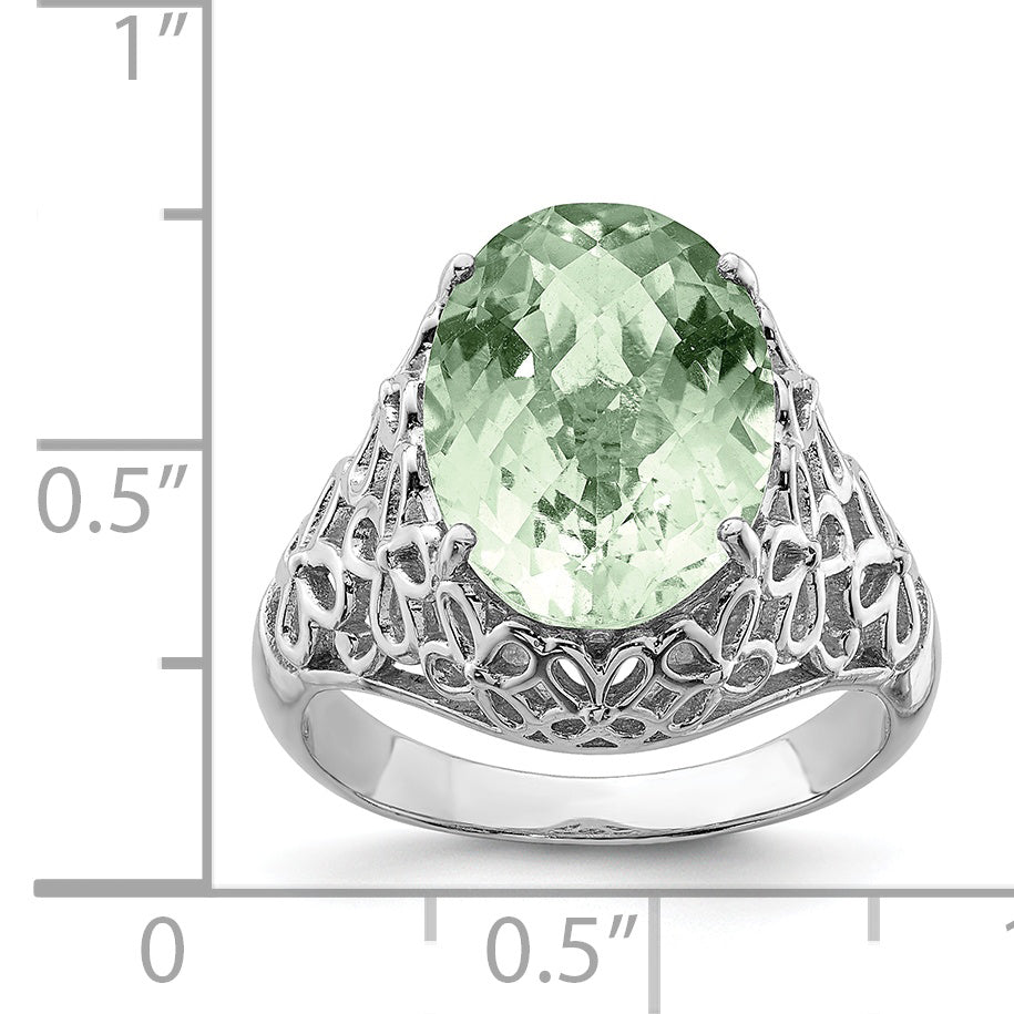 Sterling Silver Rhodium Oval Checker-Cut Green Quartz Ring