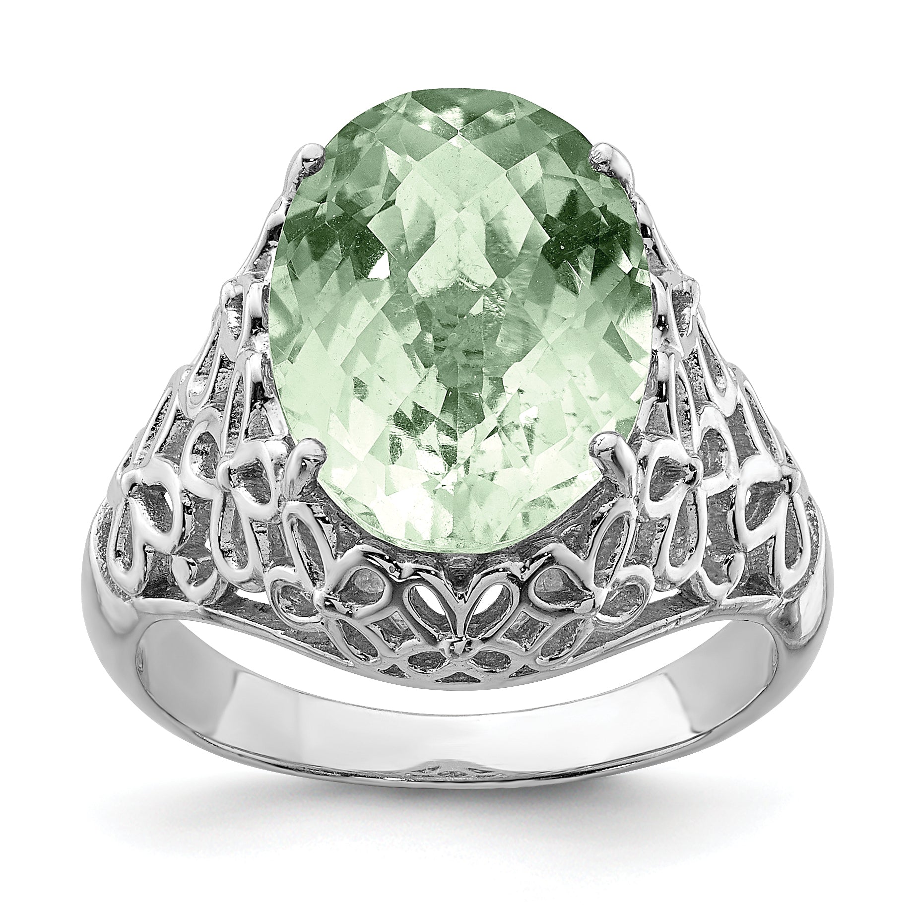 Sterling Silver Rhodium Oval Checker-Cut Green Quartz Ring