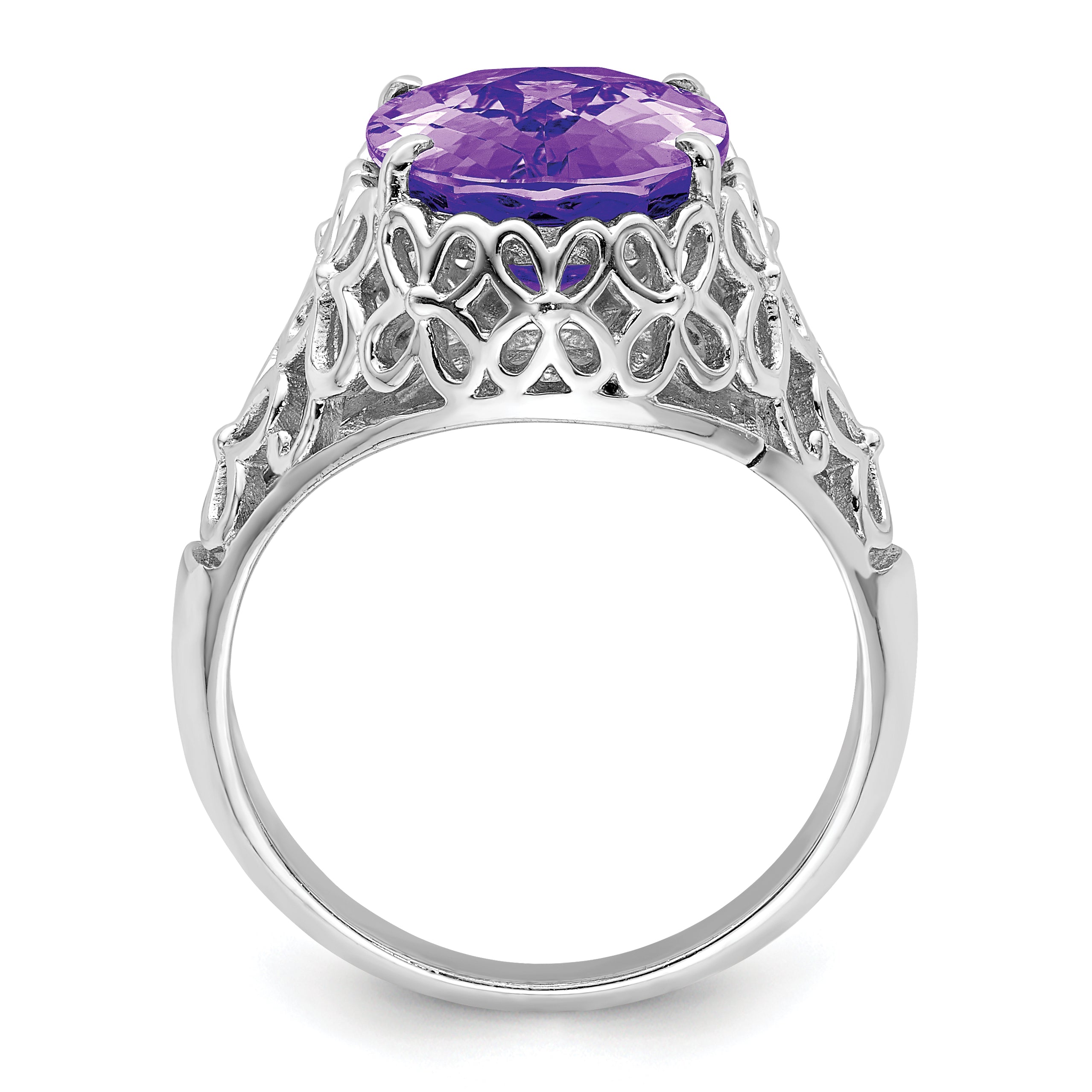 Sterling Silver Rhodium-plated Oval Checker-Cut Amethyst Ring