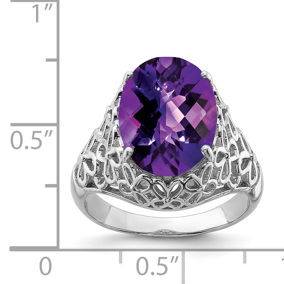 Sterling Silver Rhodium-plated Oval Checker-Cut Amethyst Ring