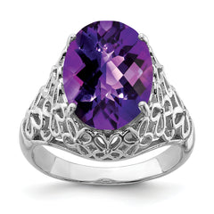 Sterling Silver Rhodium-plated Oval Checker-Cut Amethyst Ring