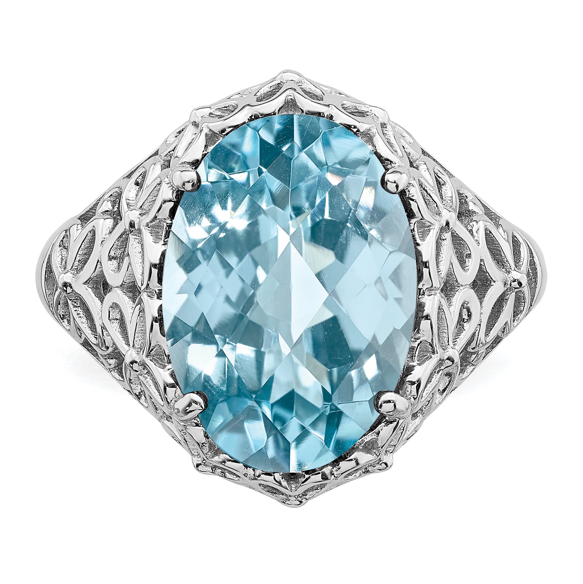 Sterling Silver Rhodium Checker-Cut Sky Blue Topaz Ring