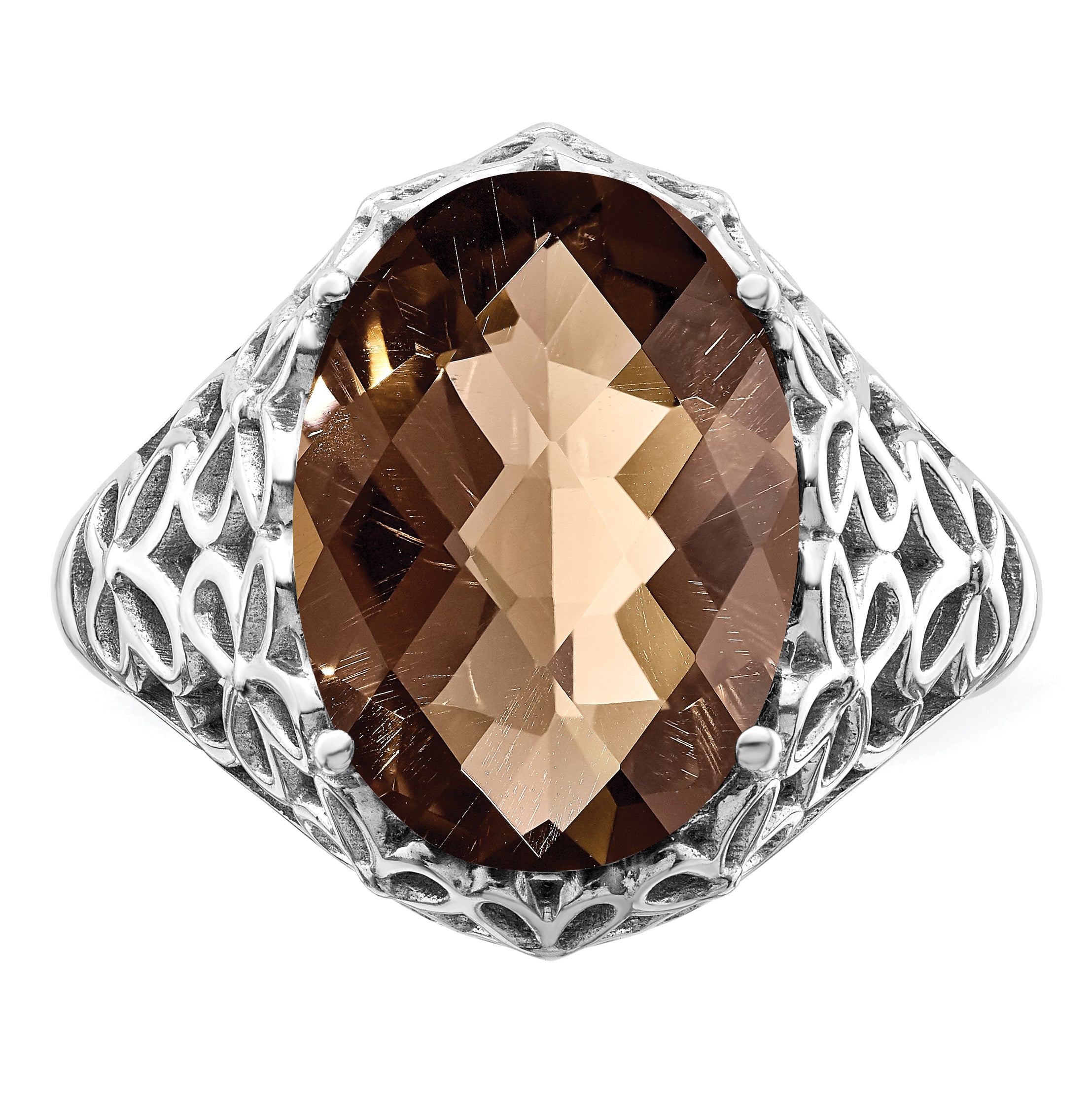 Sterling Silver Rhodium Oval Checker-Cut Smoky Quartz Ring