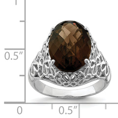 Sterling Silver Rhodium Oval Checker-Cut Smoky Quartz Ring