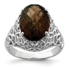 Sterling Silver Rhodium Oval Checker-Cut Smoky Quartz Ring