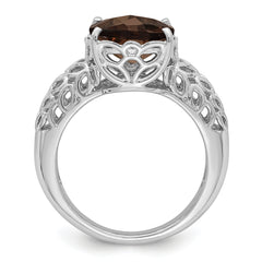 Sterling Silver Rhodium Checker-Cut Smoky Quartz Ring