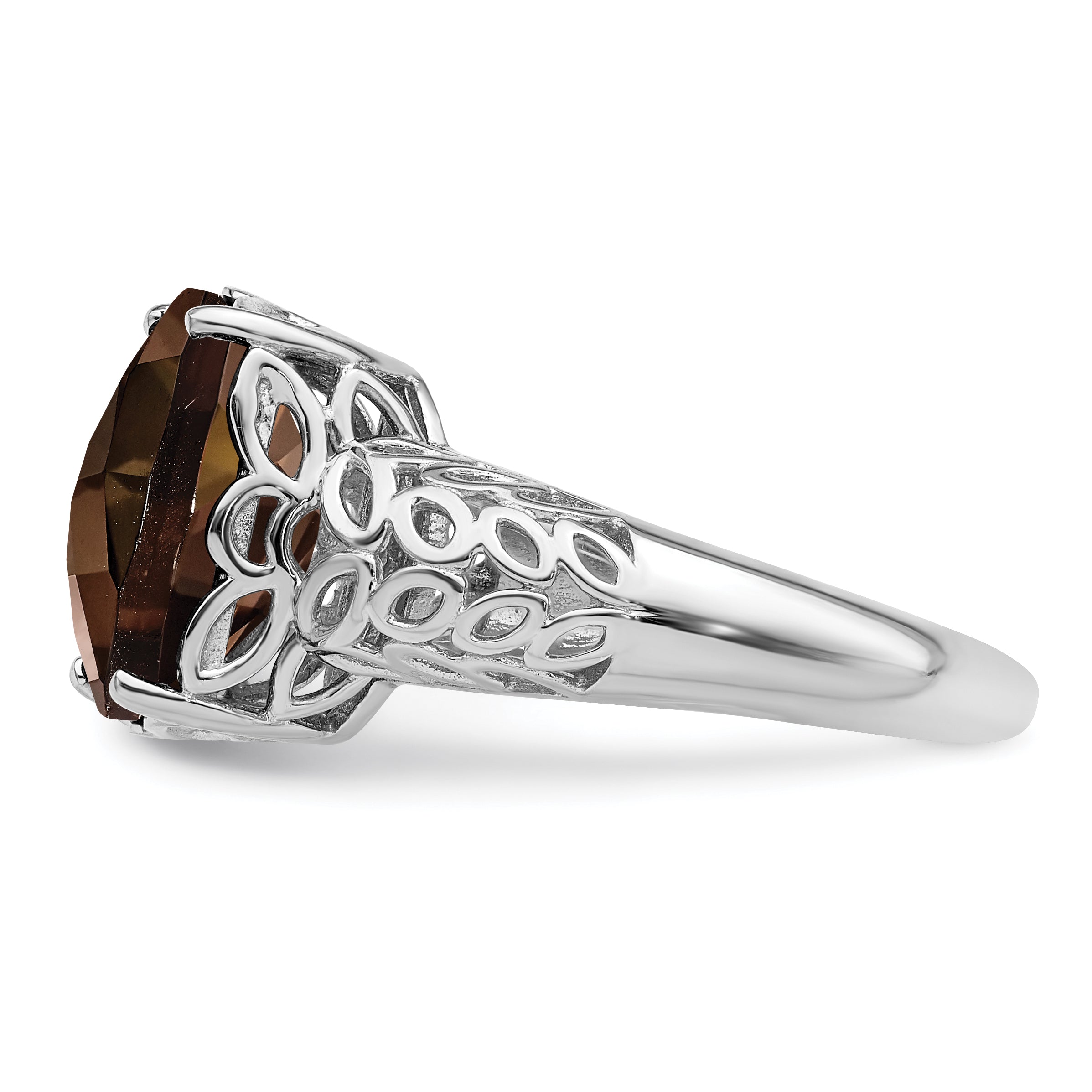 Sterling Silver Rhodium Checker-Cut Smoky Quartz Ring